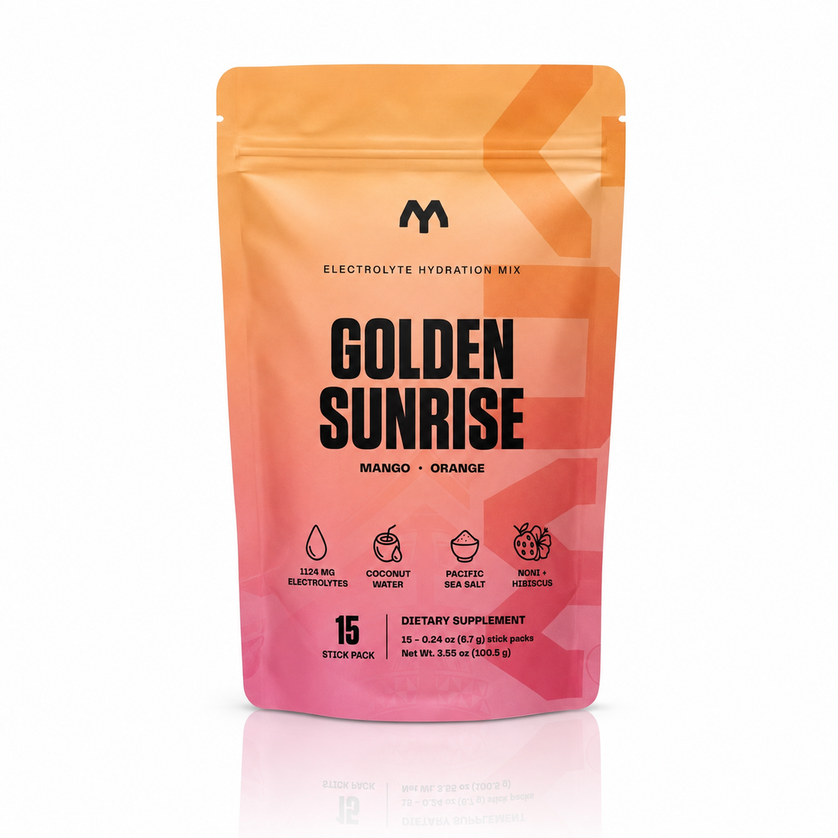 MUA Golden Sunrise mango orange electrolyte drink mix, 15 stick pack